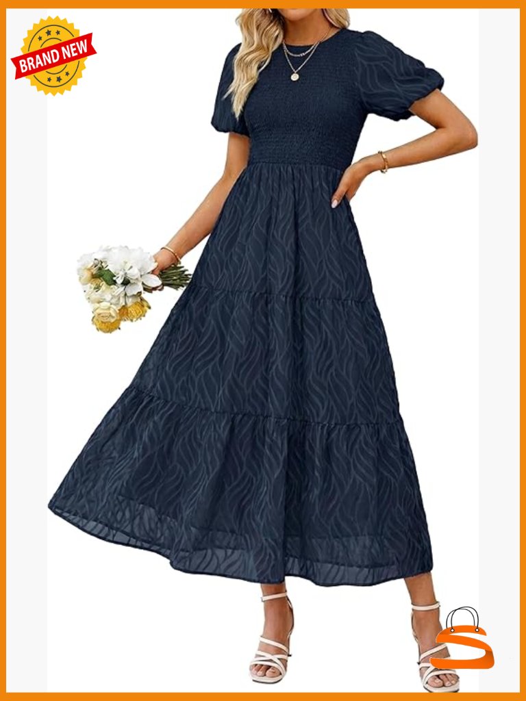 Chiffon Midi Dress Short Sleeve Flowy Smocked Crewneck A-Line Tiered Wedding